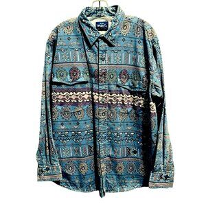 Wrangler Vtg Western Shirt Lg 16-16.5 Colorful Cotton Cowboy Rodeo Aztec Print